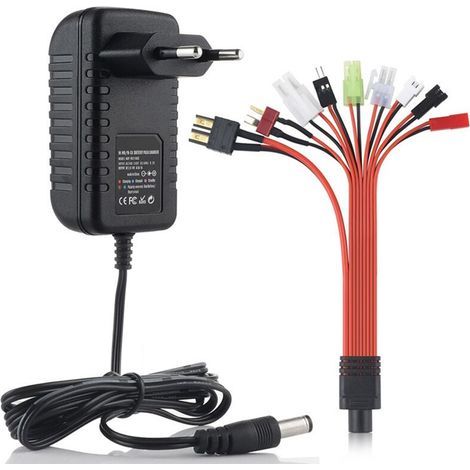 Ce chargeur de batterie 9 en 1 pour télécommande est compatible avec les batteries NiMH/NiCd de 4,8 V, 7,2 V, 8,4 V et 9,6 V, ainsi qu'avec celles de 2,4 V à 12 V. Il est fourni avec une prise. (1/3)