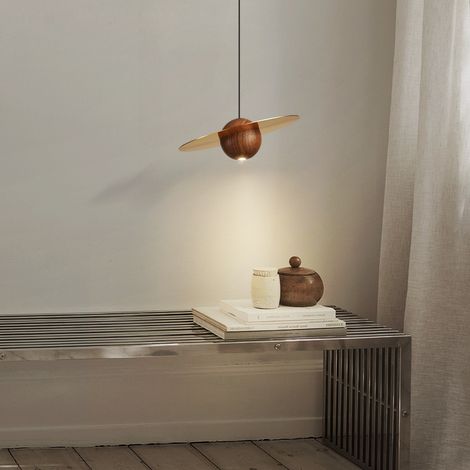 Suspension LED moderne, lampe suspendue en laiton avec abat-jour sphérique en noyer, lustre planète créative, lampes à suspension d'éclairage décoratif pour chambre d'enfant, 3W - 4000K (1/4)