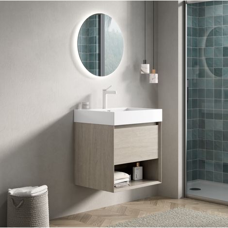 Mueble de baño mural 55 cm con lavabo de resina blanco, 1 cajón y estante abierto, roble claro (1/5)