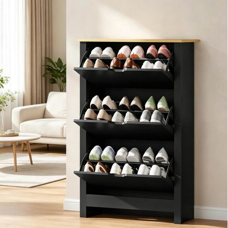 Mobile porta scarpe a 3 ante ribaltabili 72 x 26 x 112 cm nero e effetto rovere DESVIAE (1/5)