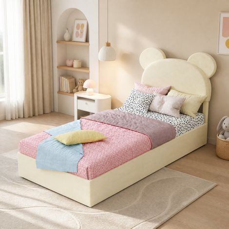 DESMIU Lit enfant 90 × 200 cm 1 place avec rangement hydraulique, tête de lit, sans matelas, beige (1/4)