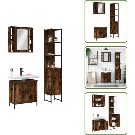 3-tlg. Badmöbel-Set Räuchereiche Holzwerkstoff - Badezimmermöbel - Badmöbel-Set - Spiegelkommode - Unterschrank - Handtuchheizkörper (1/5)
