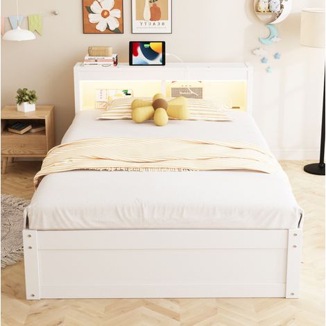 Letto multifunzione 90 x 200 cm bianco con presa, contenitore, LED e sollevamento idraulico (1/5)