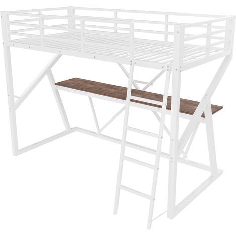 Letto a soppalco per bambini 90 x 200 cm in metallo bianco con scrivania, LED, scala e sponde (1/5)