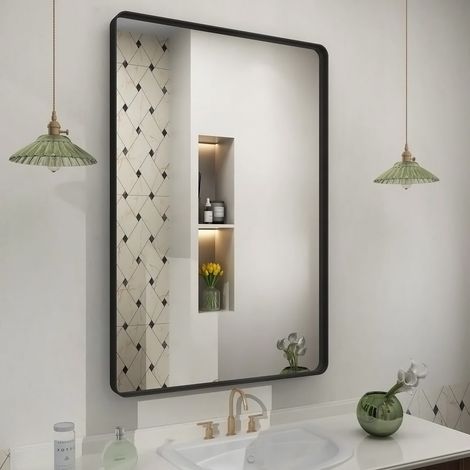 Black Rectangular Metal Frame Decorative Wall Mirror Bathroom Mirror 50cm W x 3.5cm D x 70cm H (1/5)