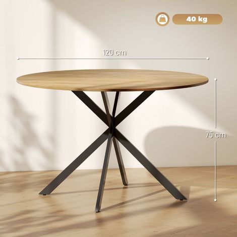 Table ronde industrielle Ø120cm, piètement acier robuste, pour 4 personnes, effet chêne authentique, plateau spacieux et structure stable, idéale pour repas familiaux (1/5)