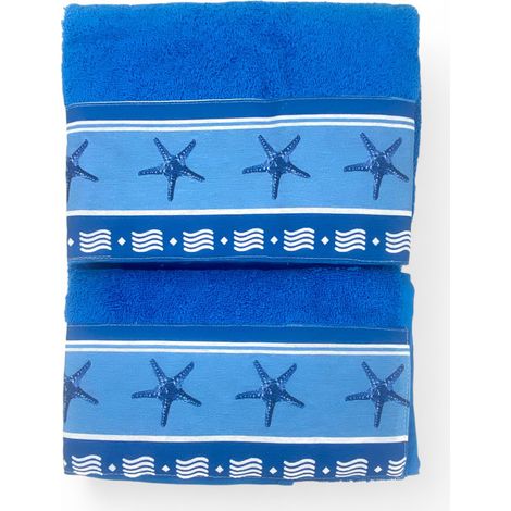 ENSEMBLE de serviettes avec bordure étoile de mer bleue en pur coton Fabriqué en Italie