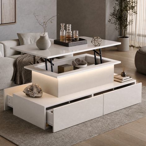 Mesa de centro LED blanca lacada 90 x 55 x 41 cm con 4 cajones DESVIAE (1/5)