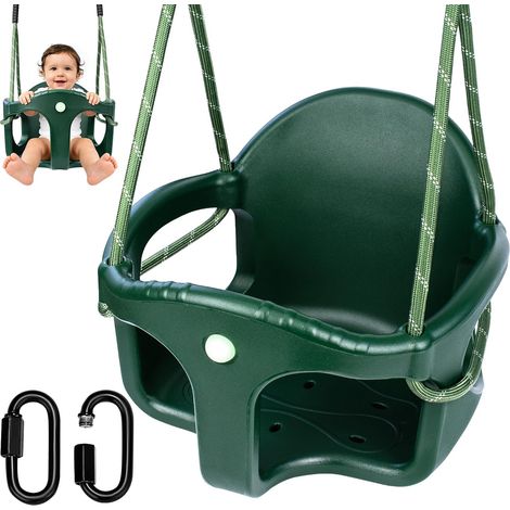 Balançoire Extérieure, Siège Complet en Plastique avec Dossier Haut, Corde Réglable 1,3–2 m et 2 Mousquetons, Accessoire de Balançoire Évolutive pour Bébés, Vert, 90kg (1/5)