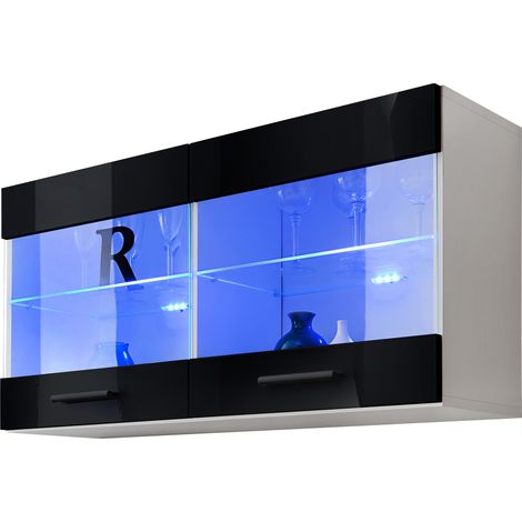 Vitrine murale 100 x 50 x 30 cm – Corps blanc mat – Façades noir brillant – 2 étagères en verre – Résistante à l’abrasion et aux rayures