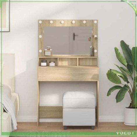 Coiffeuse - ABI - Chêne sonoma - Miroir intégré - Éclairage LED - Rangement pratique (1/5)