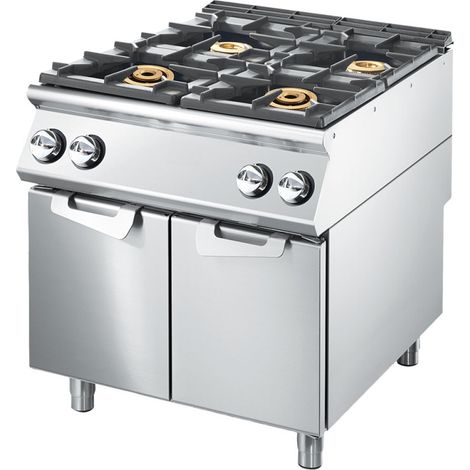 Cuisinière à gaz à 4 brûleurs sur soubassement avec portes, plateau de travail emboutie 800x900x870 mm - VIRTUS
