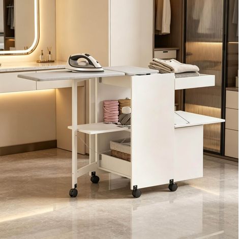 Meuble à repasser pliant 154x55x87 cm en MDF blanc avec roulettes, gain de place – MEUBLIV (1/5)
