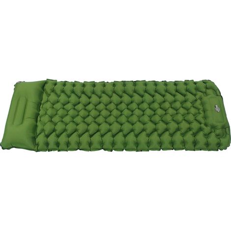 Matelas de sol gonflable à pied pour camping, ergonomique et compact avec housse de transport, couleur vert olive. (1/5)