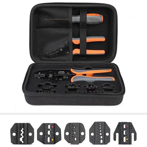 Kit d'outils de sertissage de fil avec pince à dénuder, cosses de câble, pince à sertir à cliquet avec 5 matrices interchangeables pour connecteurs isolés et non isolés et embouts de câble (1/5)