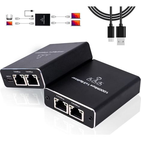 Switch Ethernet 3 Port, Switch RJ45 Splitter 1000 Mbps, Multiprise Ethernet RJ45 1 à 3 pour Ordinateur, Hub, Commutateur, Routeur, Décodeur, Télévision Numérique, etc. (1/4)