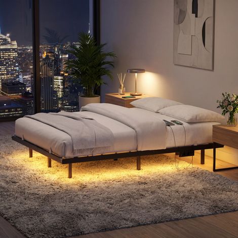Vasagle – Lit flottant 140 x 190 cm – Éclairage LED intégré – Ports USB et prises CA – Capacité 500 kg – Noir