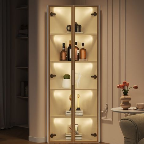REDOM - Vitrina de esquina 62x35x160 cm, iluminación LED integrada, bisagras de cierre suave, MDF y vidrio, blanco (1/5)
