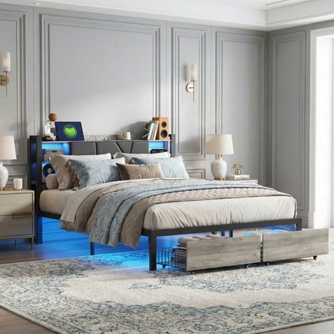 Lit 140x190, POCKETPOP, avec sommier et 2 tiroirs, , USB et LED, tissu en pu,cadre de lit, couleur noire et bois
