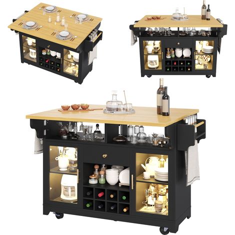 Îlot central de cuisine Extensible Noir 2 Étagères Réglable Roulettes LED Casier à Vin Verre Coins Arrondis MDF Cuisine Moderne (1/5)