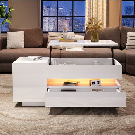 Tavolino da salotto 95x50x40 cm bianco – piano sollevabile LED, contenitore, truciolare MEUBLIV (1/5)