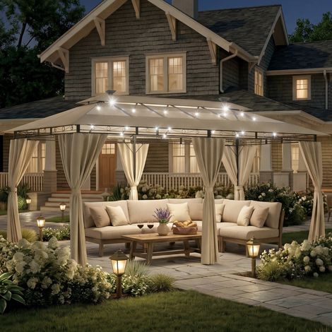 Devoko – Tonnelle de jardin 3x6 imperméable avec lumière LED – Cadre en acier renforcé – Protection UV50+ – Pour 8-10 personnes – Beige