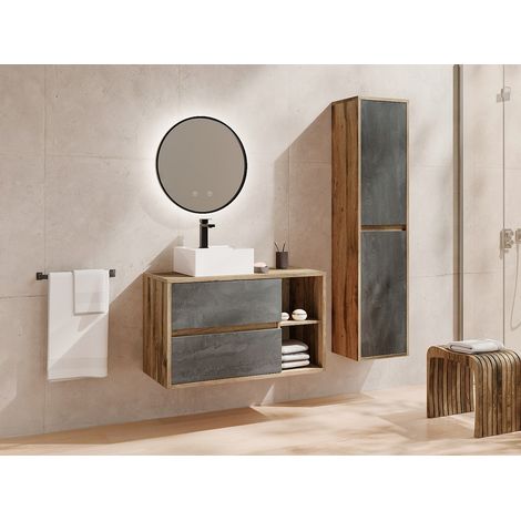 Meuble de salle de bain suspendu avec vasque et colonne - Coloris naturel et anthracite - 100 cm - TIKITIKI (1/5)