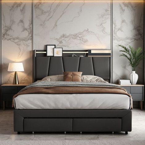 Lit Double 140x190 - Tissu Lin Gris Anthracite - Coffre Hydraulique - LED 7 Couleurs - USB Inclus