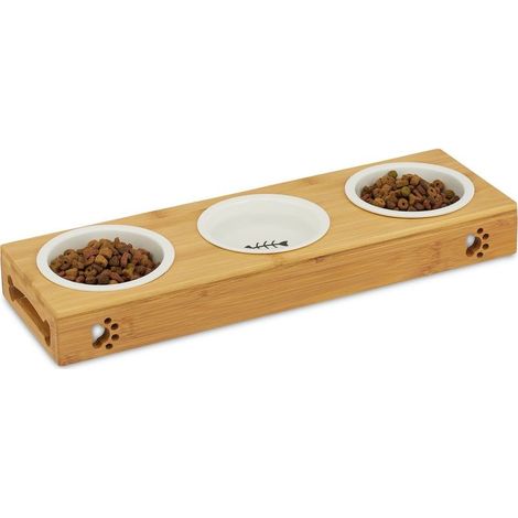 Support à 3 gamelles en bambou et céramique Lave-vaisselle Pour chats et petits chiens 180 ml par gamelle (1/5)