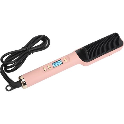 Peigne Lisseur 2 en 1 à Ions Négatifs, Brosse Coiffante à Chauffage Rapide PTC Uniforme avec Écran LCD, Rose, Prise UE (1/5)