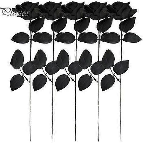 Lot de 5 roses noires artificielles avec feuilles, style gothique réaliste, en soie, pour Halloween, décoration de table pour la maison ou le bureau. Branche florale artificielle.noir (1/5)