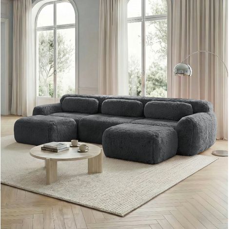 REDOM - Canapé modulable en U, tissu peluche gris, ultra doux, assise large, base antidérapante (1/5)