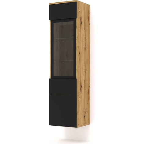 Bim Furniture – Vitrine colonne moderne 37x33x144 cm – Chêne artisanal et noir mat – 2 portes en verre – 4 étagères dont 2 en verre