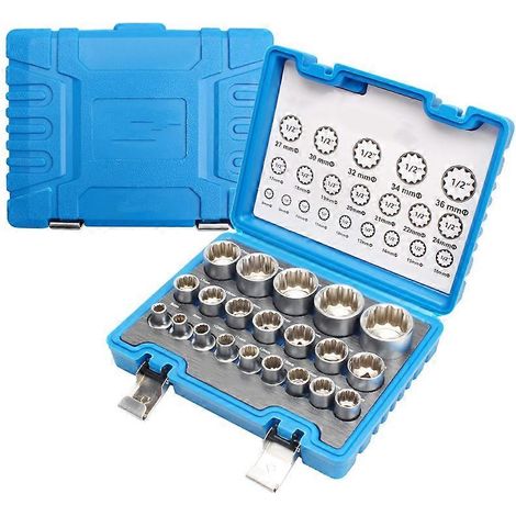 Coffret de 19 douilles Torx femelles 1/2", 6 et 12 pans pour filetages E10 à E24, en acier Cr-V, de 8 à 32 mm. (1/3)