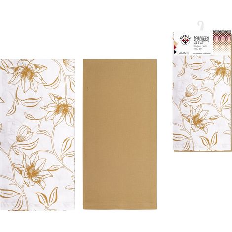 2 x Toalla de cocina de algodón NICOLE 40x60 cm art. 52329 estampado de flores blanco amarillo mostaza (1/4)