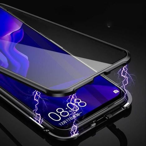 Coque Huawei P30 Lite XL Verre trempé double face, étui de protection pour cadre en alliage d'aluminium magnétique - Noir (1/4)