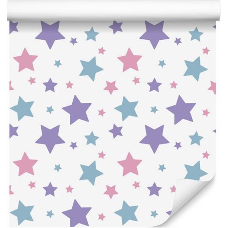 Papier peint étoiles bleues, roses et violettes pour salon et chambre 50x1000 (1/5)