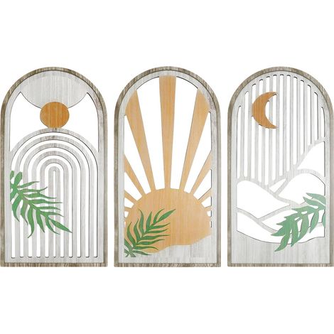 3 Pièces Décoration Murale Bohème en Bois Décoration Murale de Salon Suspendue Ornement Murale Moderne en Bois Salon pour Mural Art Déco Chambre à Coucher, Ferme Nursery（Soleil lune） (1/5)