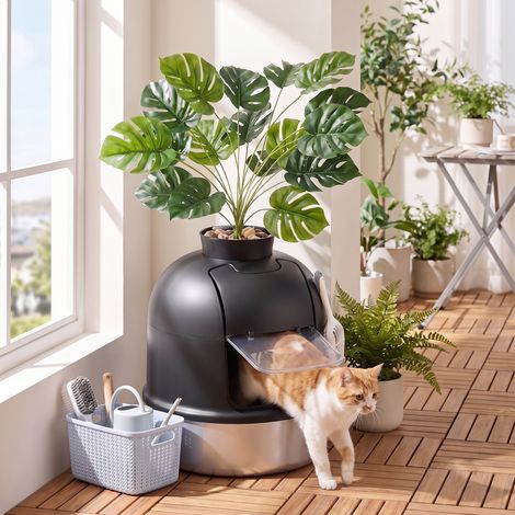 Maison de Toilette Chat XXL avec Plante, Bac en Acier Inoxydable, 49 x 49 x 59 cm, Noir et Argent (1/5)
