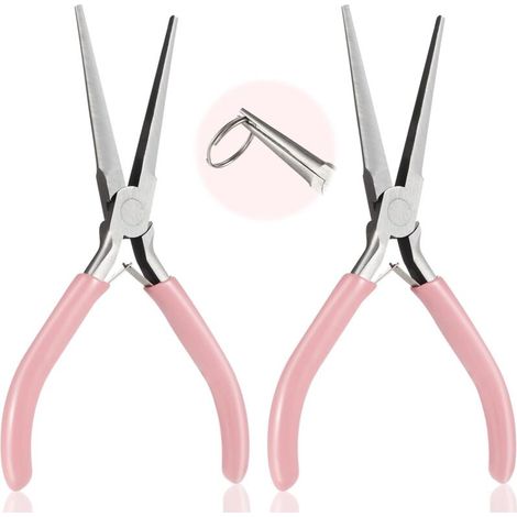 Juego de 2 alicates de punta fina de acero con alto contenido de carbono para joyería y modelismo, mango antideslizante y kit portátil, color rosa (1/4)