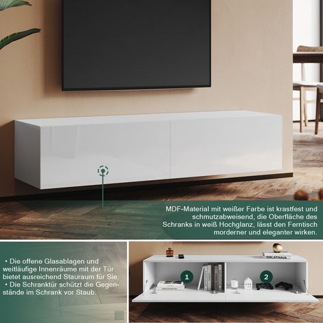 SONNI TV Lowboard weiß Hochglanz hängend/stehend 140cm,2 Klappen,Modern Hängeschrank zwei Montagemöglichkeiten
