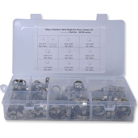 Kit d'assortiment de colliers de serrage en continu à oreille unique, ensemble de colliers de serrage à sertir, 100 pièces, 7-15 mm, acier inoxydable 304 MNS (1/2)