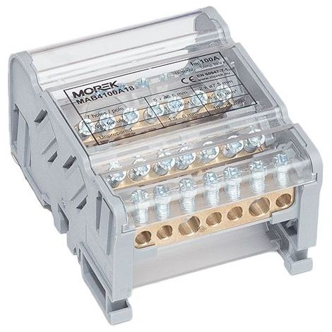 Répartiteur modulaire tétrapolaire 100A – 7 départs 2x25mm² + 5x6mm² – Installation sur rail DIN – Boîtier auto-extinguible UL 94 V-0