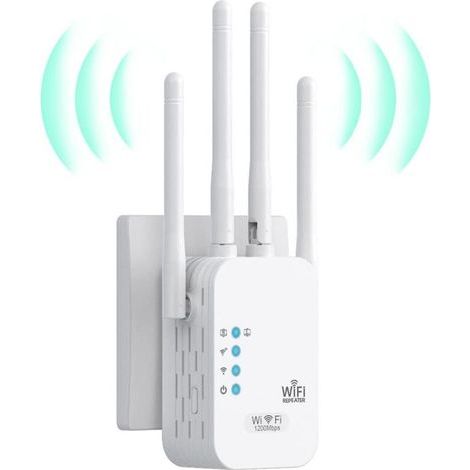 Repeteur WiFi Puissant, Amplificateur WiFi 1200Mbps Double Bande 5GHz/2.4GHz, Répéteur WiFi 4 Antennes, 2 Ports LAN, WiFi Extender Compatible avec Toutes Les Box Internet (1/5)