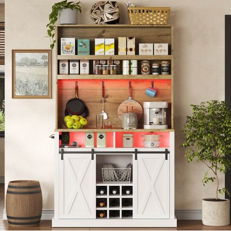 Mobile da cucina alto 110 x 40 x 191 cm in MDF con LED, presa USB e vetrina OKMYHOME (1/5)