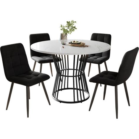 Table ronde 100cm MDF blanc, pieds noirs, 4 chaises velours noir (1/5)