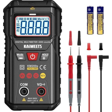 Multimètre numérique KAIWEETS KM200s avec valeur efficace vraie (True RMS), sélection automatique de la gamme, détecteur de tension NCV et mesure AC/DC. (1/5)