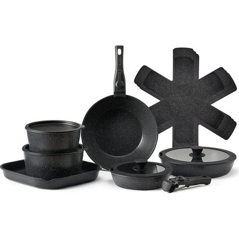 Batterie de cuisine, 17 pcs, ensemble de casseroles et poêles à induction avec revêtement anti-adhésif, poignée amovible et couvercles en verre trempé, passe au four, pour camping-car, noir (1/5)