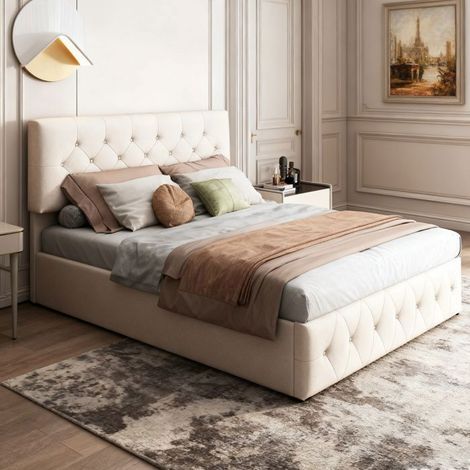 Letto contenitore 140x190 - POCKETPOP - Velluto bianco sporco - Testiera regolabile - Struttura letto con rete a doghe in legno - 2 posti