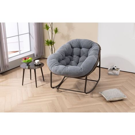 Chaise à bascule d'extérieur en rotin, fauteuil inclinable à bascule à coussin rembourré pour porche, salon, patio, jardin, gris